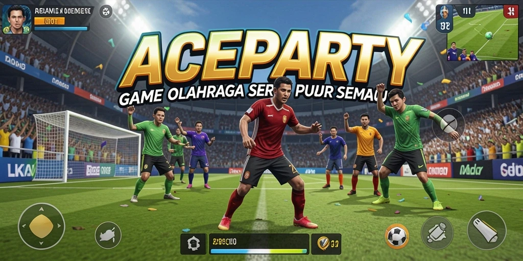 Tangkapan layar utama ACEPARTY menunjukkan pemain beraksi di pertandingan olahraga yang intens.