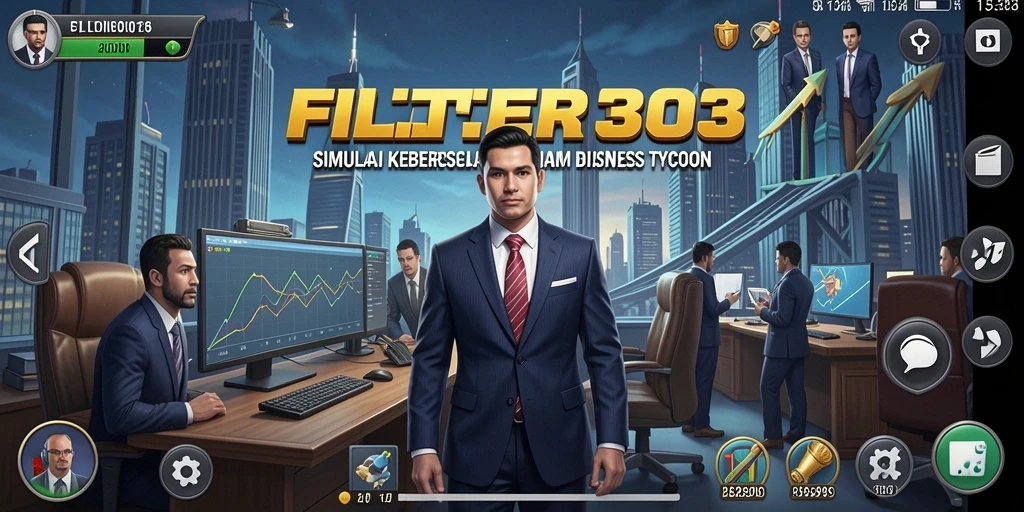 Tampilan gameplay unik dalam FILTER303 yang menunjukkan interaksi bisnis.