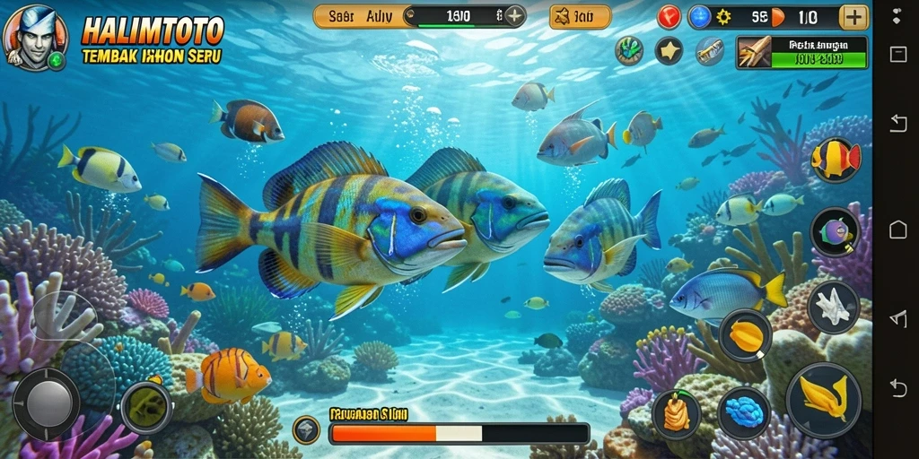 Tampilan gameplay seru HALIMTOTO saat menembak ikan.