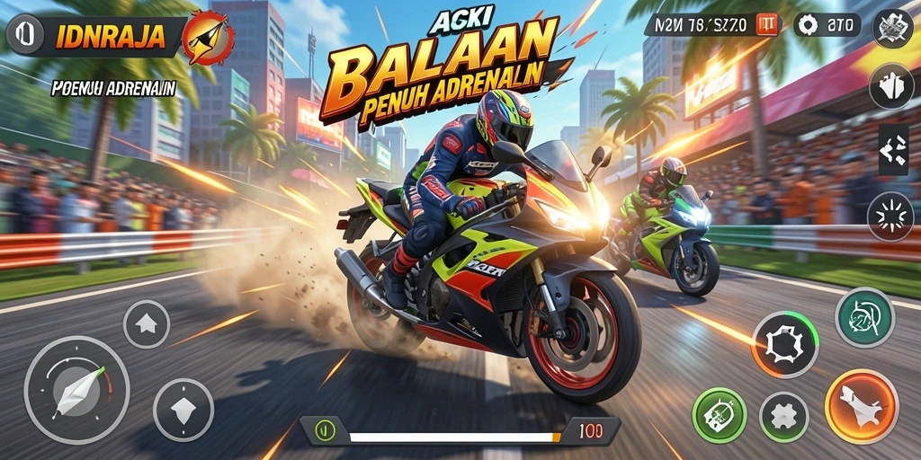 Tampilan gameplay balapan motor yang mendebarkan dan penuh aksi.