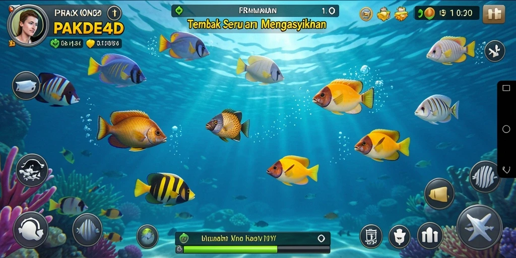 Tangkapan layar gameplay seru dalam PAKDE4D menunjukkan aksi menembak ikan yang mendebarkan.