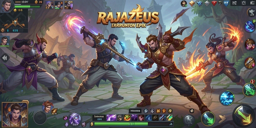 Tampilan seru dari gameplay MOBA RAJAZEUS di arena pertarungan.